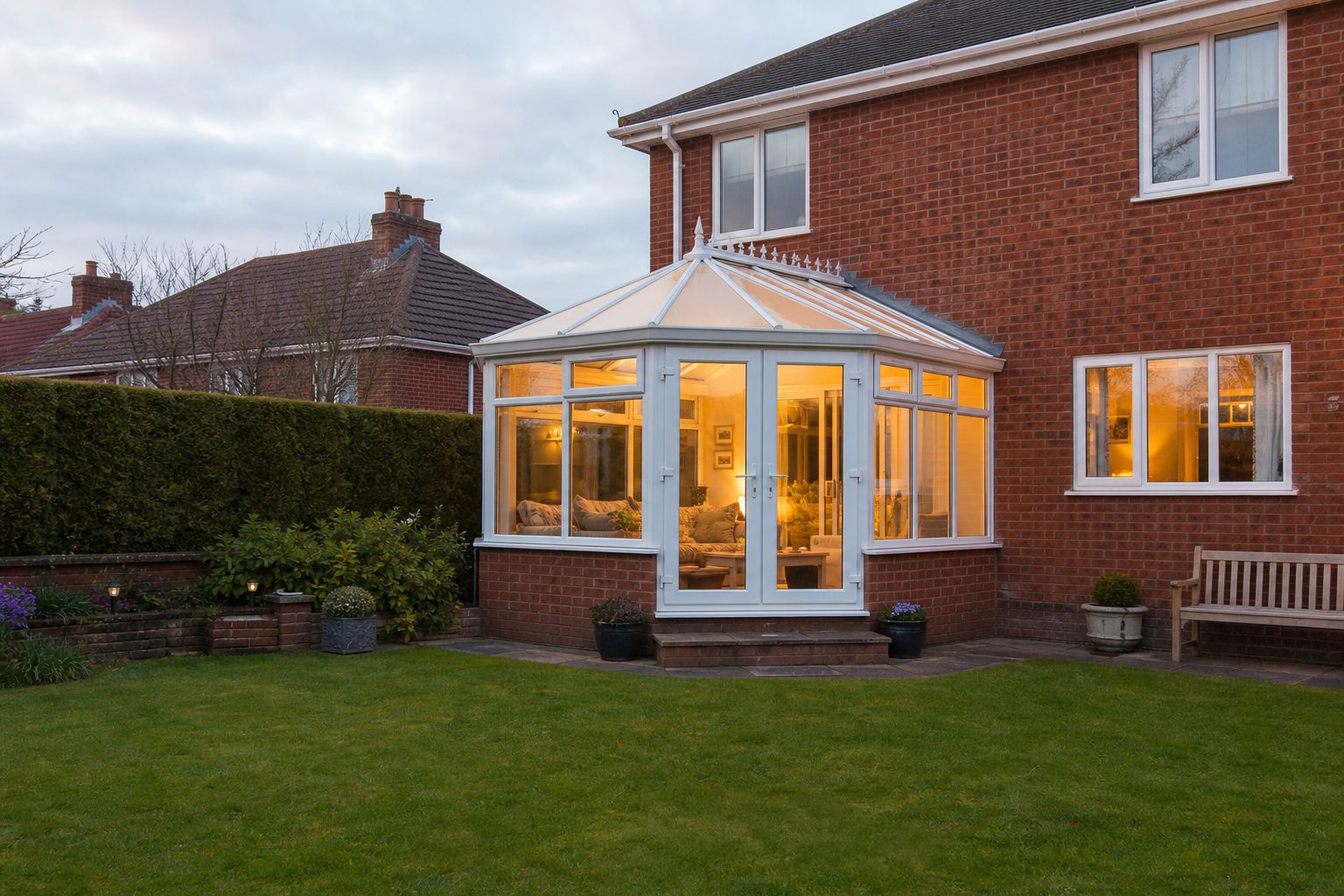 Glass conservatory glowing with warm evening light on a UK brick home